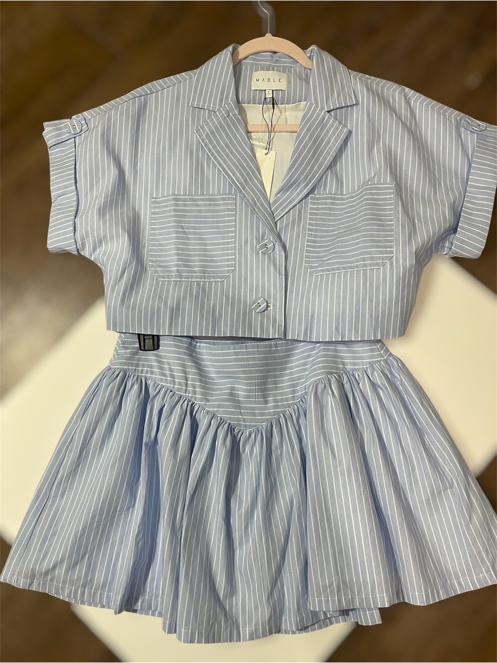Light Blue Pinstripe A-Line Mini Skirt Set - Picture 2 of 2